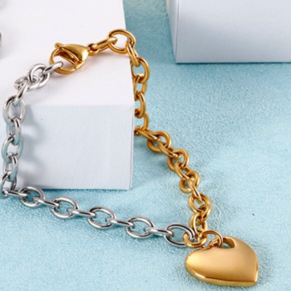 3/$35 18K Gold Plated & Silver Heart Charm Bracelet Two Tone Chain Link Jewelry - Picture 6 of 9